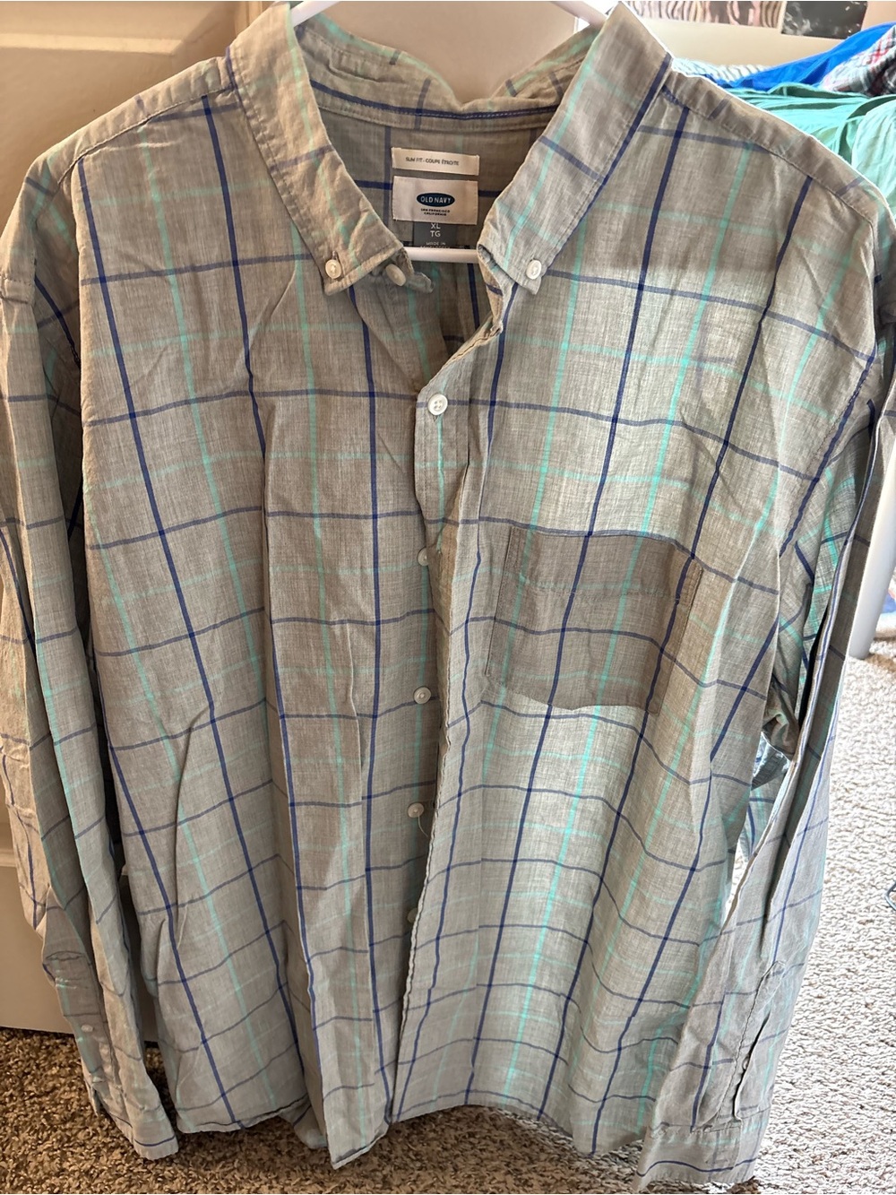Old Navy Men's Gray Button-Down Shirt with Blue & Teal Windowpane